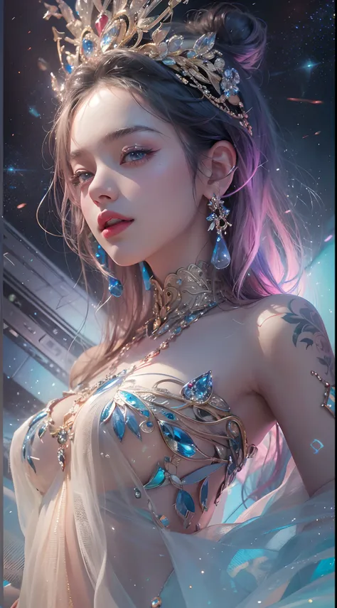 1girll,（enchanced quality：1.4），（Top quality true texture skin), Delicate face,Black hair, Gradient hair, Petite body,（perfect bodies：1.1）, There are precious stones on the forehead, rimless eyewears, Sparkling pupils，long eyelasher,grin, hyper photorealism...