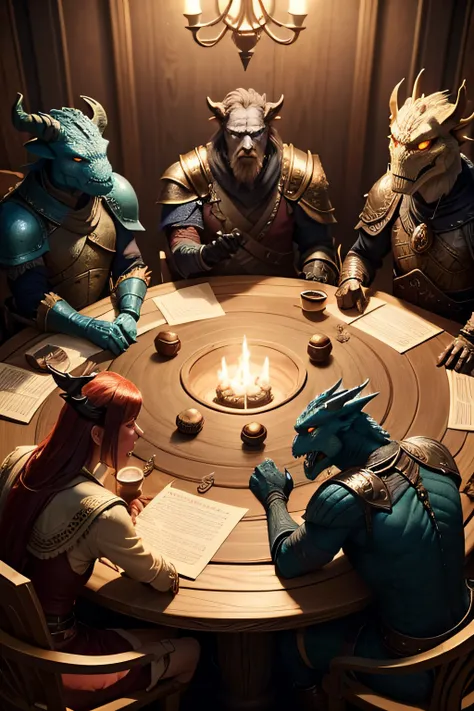 A dragonborn council gathered around a table, looking frustrated. Multiple dragonborn character