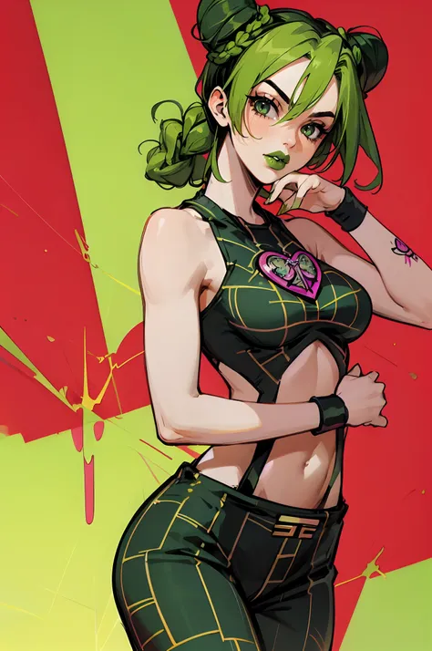 Jolyne Cujoh, green hair, black hair, braid, double hair bun, green eyes, green lipstick, full lips, wristband, tattoo, cowboy shot, 1girl, medium breasts, solo, female focus