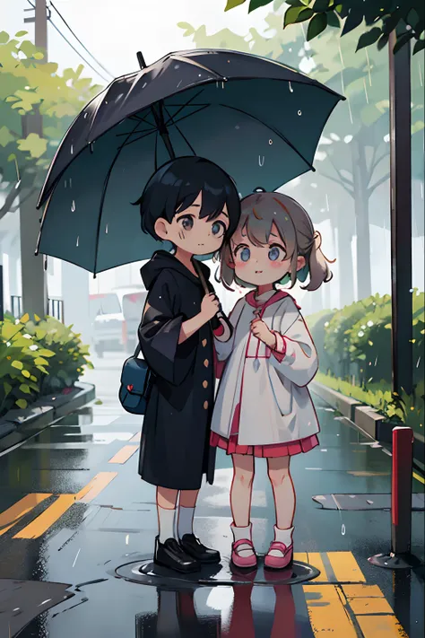 Photo of parent and child holding umbrella on rainy day、Umbrellas are great、bustup、Eye Up、The road surface is wet、She enjoys the rain