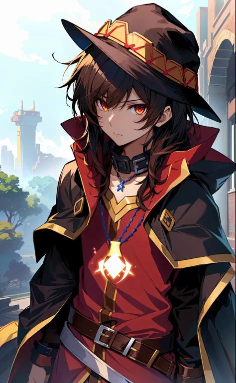 anime character with a necklace and a necklace around his neck, style of duelyst, half invoker half megumin, megumin, tsuaii, final fantasy tactics character, black - haired mage, fate grand order, tsukasa dokite, inspired by Li Chevalier, hyperlight drift...