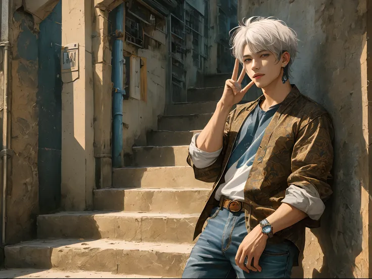 (absurdres, highres, ultra detailed, HDR), masterpiece, best quality, a boy, solo, handsome, short hair, white hair, finely eye and detailed face, casual clothes, real shadow, lift hand in peace sign, joyful, ear piecing,