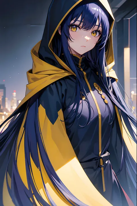 Cover magazine, anime, woman, solo, long hair, dark blue hair, yellow eyes, model, beautiful, half body potrait, Cloak, hood covering the head