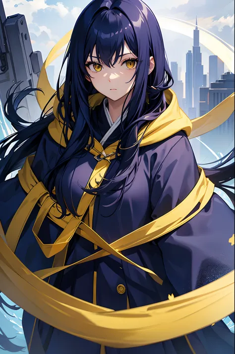 Cover magazine, anime, woman, solo, long hair, dark blue hair, yellow eyes, model, beautiful, half body potrait, Cloak, hood covering the head