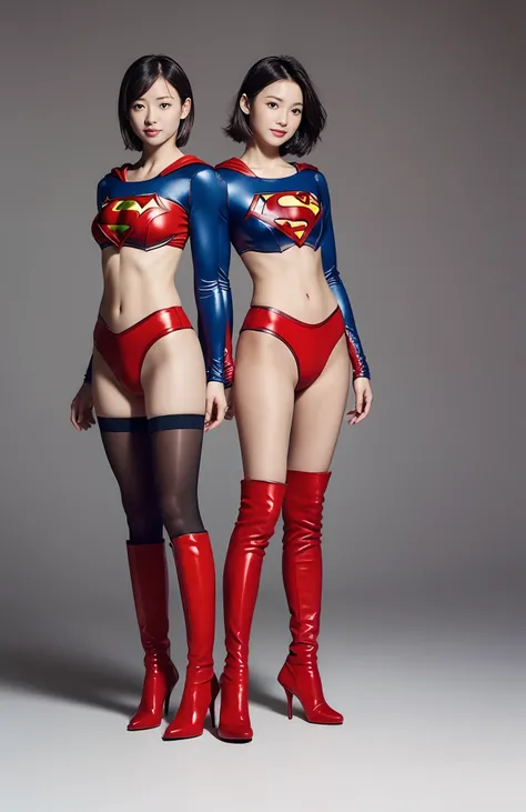 Be sure to wear black tights、(((Make the most of the original image)))、(((Supergirl Costume)))、(((shiny short hair)))、(((Suffering)))、(((Feet must necessarily be worn with black tights)))、(((Smile)))、(((You need to wear red boots)))、((Top image quality、8K)...