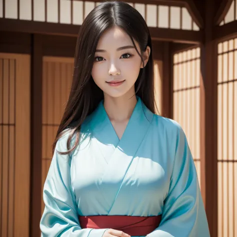 Woman in Kimono、((best qualtiy、8k masterpieces:1.3))、foco nítido:1.2、(ultra beautiful faces:1.0)、(shinny skin:1.0)、photos realistic、A dark-haired、Video Lighting、High-definition eyes and face、Video Lighting、Korean idol actress、from the front side、medium bre...