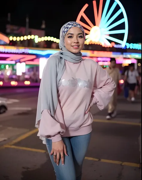 Best quality, high resolution, masterpiece: 1.3), a beautiful malay woman in hijab, big breasts, slim figure, sweatshirt, beautifully presented details in the street and facial and skin texture, detailed eyes, double eyelids, big eyeschest visible, shirt o...