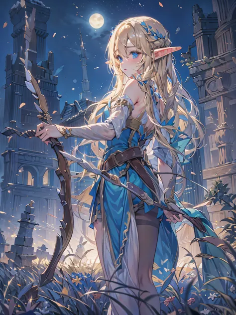 elf girl, blonde long hair, blue eyes, blue dress, having prepare a long bow and arrows, at the evening twilight, ruins of an ol...