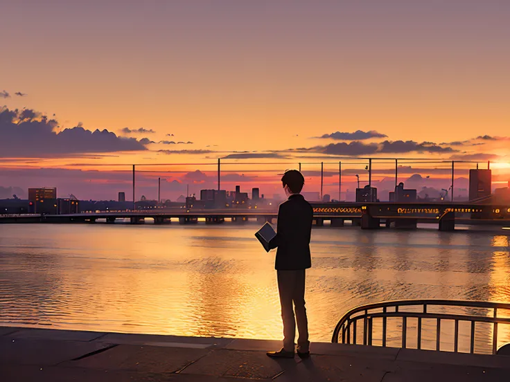 there is a man standing on a bridge reading a book, silhouette!!!, silhouette :7, during sunset, low angle photo, he is traversing a shadowy city, silhouetted, silhoutte, very low angle photograph, high quality upload, low quality photo, captured on iphone...