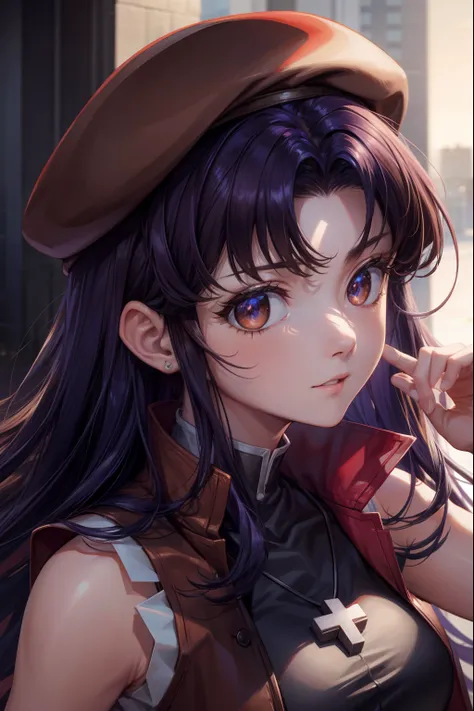 misatokatsuragi, misato katsuragi, long hair, (brown eyes:1.5), blue hair, purple hair,
BREAK hat, dress, bare shoulders, jewelry, jacket, earrings, open clothes, sleeveless, necklace, black dress, open jacket, sleeveless dress, beret, short dress, cross, ...