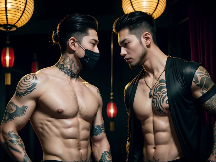 Two men with tattoos and masks on their faces stand in a room, alessio albi and shin jeongho, two muscular men entwined, ruan jia and brom, 2 muscular attractive men, jin shan and ross tran, roberto ferri and ruan jia, muscular men intertwined, & jeehyung ...