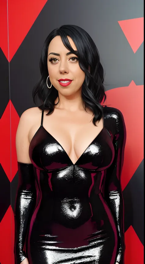 Axtra Pose, Full View, Full Body, Head to Toe, Day, Daylight, Full Body of Wet Mature Old Aged Stunning Elder Aubrey Plaza in Red Lipstick, Wearing Wet Tight Slim Deep Black Ultra Glossy Shiny Metallic Vampire Latex Mermaid Gown Mothica Outfit , Standing o...