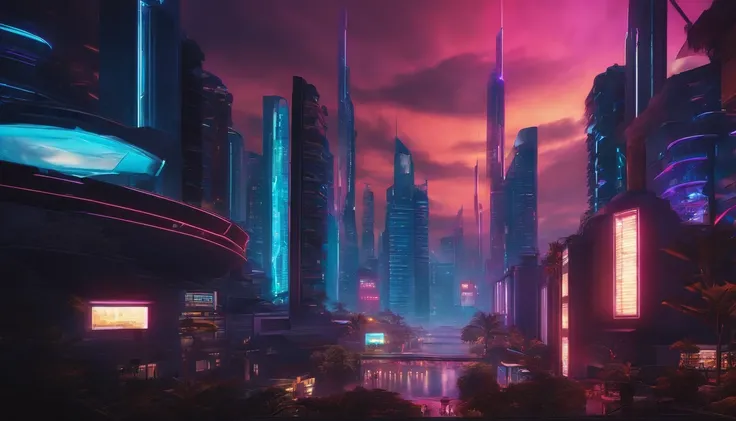 (obra prima) cidade no estilo cyberpunk, illuminated sky, neon light, imagem vista do zero, paisagem ampla, cidade futurista