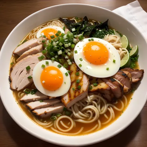 This picture shows a super realistic, HD, bowl of steaming hot ramen noodles, with a variety of toppings including sliced pork, boiled egg, green onions, and a sheet of nori (dried seaweed). The broth looks rich and flavorful, likely made from a combinatio...