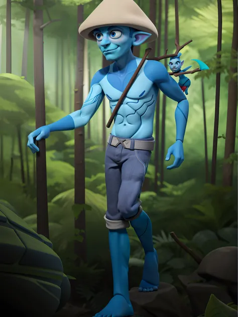 arafed man with a hat and a stick walking through a forest, blue skin, with blue skin, shamanistic dark blue clothes, james cameron avatar style, elf with blue skin, blue-skinned elf, full body render, 2 d render, upper body avatar, blue body, anthropomorp...