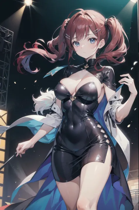 medium-large breasts, tight sensual dress, curly twintails, hair clips, side bangs, blue eyes, dark red hair, ultra detailed artwork, walking on stage