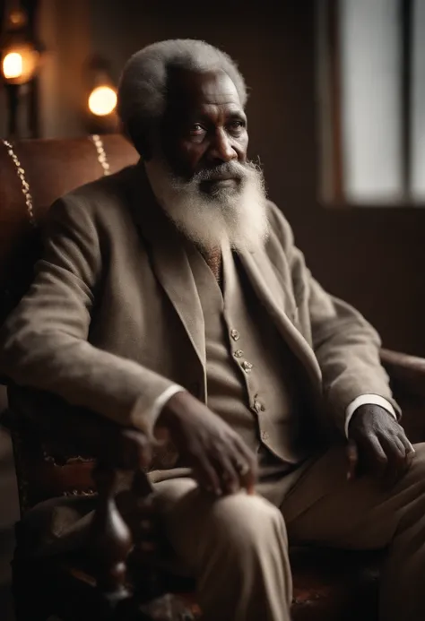 Portrait of an old African man, long grey beards and hair, with a linen attire, and full of wisdom, seated on a chair (best quality,4k,8k,highres,masterpiece:1.2), ultra-detailed, (realistic,photorealistic,photo-realistic:1.37), HDR, UHD, studio lighting, ...