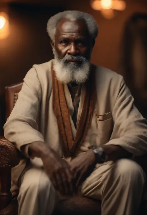 Portrait of an old African man, long grey beards and hair, with a linen attire, and full of wisdom, seated on a chair (best quality,4k,8k,highres,masterpiece:1.2), ultra-detailed, (realistic,photorealistic,photo-realistic:1.37), HDR, UHD, studio lighting, ...