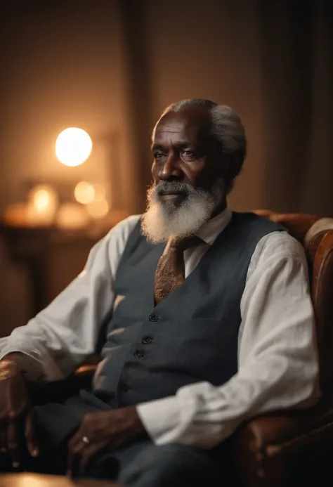 Portrait of an old African man, long grey beards and hair, with a linen attire, and full of wisdom, seated on a chair (best quality,4k,8k,highres,masterpiece:1.2), ultra-detailed, (realistic,photorealistic,photo-realistic:1.37), HDR, UHD, studio lighting, ...