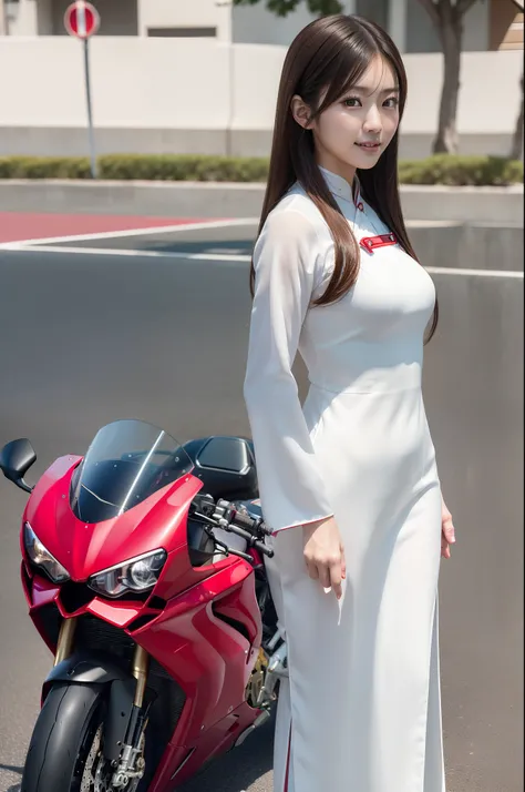 ((photographrealistic)), (realistic), (best quality), (masterpiece), (ultra high definition), ray tracing, ((one Japanese female wearing aodai)), (standing next to the DUCATI Panigale v2), high definition face, high definition finger, high definition costu...