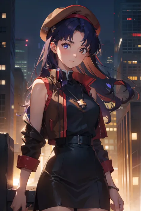 misatokatsuragi, misato katsuragi, long hair, (brown eyes:1.5), blue hair, purple hair,
break hat, dress, bare shoulders, jewelr...