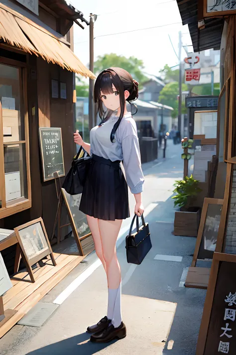 Young woman standing in front of old antique shop。