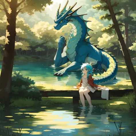 forest, lake, 1Girl, 1dragon,