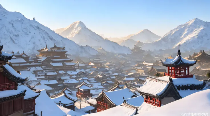 Impeccable，mountains in the distant，Snow-covered roof and bell tower, dreamy Chinese towns,