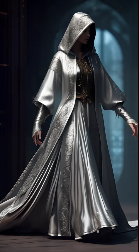 a woman in a silver robe and hood standing in a studio, wearing sci - fi cloak with hood, ornate flowing silvered robes, ornate flowing robes, ornate cyberpunk robes, wearing a flowing cloak, intricate robes, intricate fantasy robes, cloak. extremely high ...