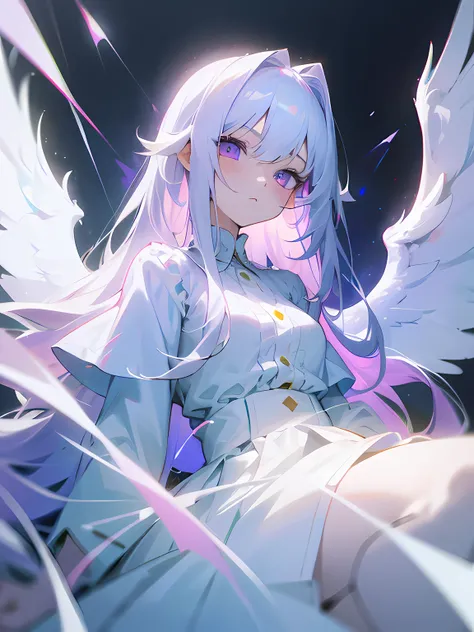 1girl, long white hair, violet eyes, wearing a white shirt, white skirt, angel wings, serious, upper body shot, absurdres, high res, ultrasharp, 8k, masterpiece