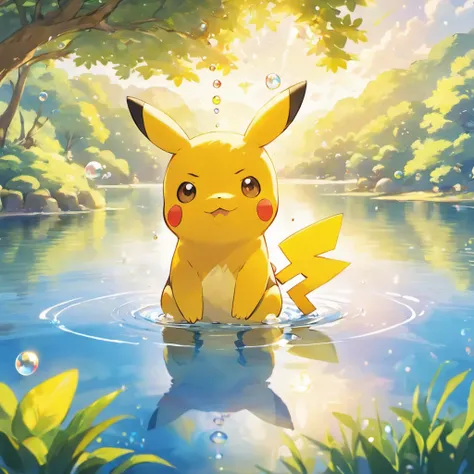 Ultra HD 3D graphics，Showcasing the touching scene of Pikachu making a wish by a tranquil lake. Pikachu, Beautiful rendering details, See gently blowing bubbles into the air, Everyone has hopeful wishes. Bubbles capture the reflection of the setting sun, C...