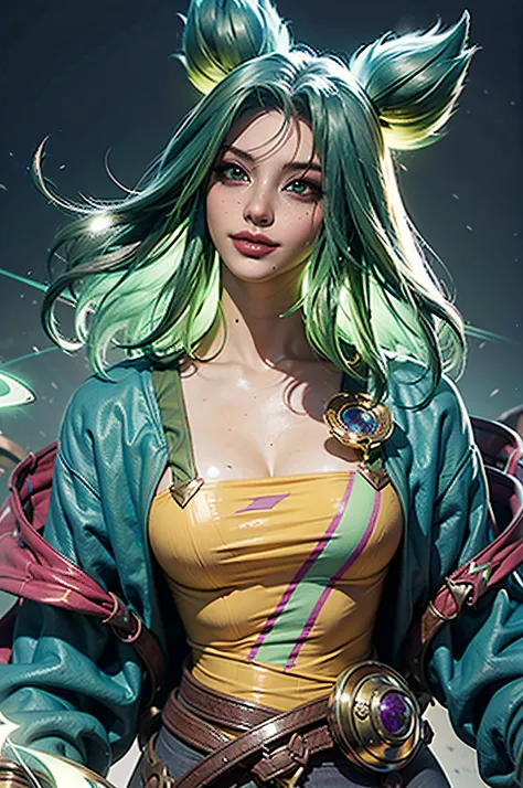 Psychedelic style, Персонаж игры League of Legends, zeri, Metaverse, Detail, green hair.