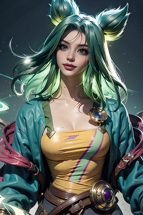 Psychedelic style, Персонаж игры League of Legends, zeri, Metaverse, Detail, green hair.