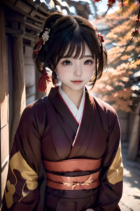 Digital portrait of Japan short-haired woman, Beautiful face,hair messy,Convoluted, Cinematic, unreal enginee 5, a gorgeous, Incredible color grading, Kimono,Japanese dress,Hakama, Photography, cinematic photography, art by、ssmile