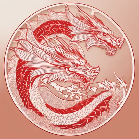 Flat paper cut style，contours，((chinesedragon))，Dragon，red colour，Clean cut，Paper，sharp-edged，Maximalism，Color blocking，((round form))