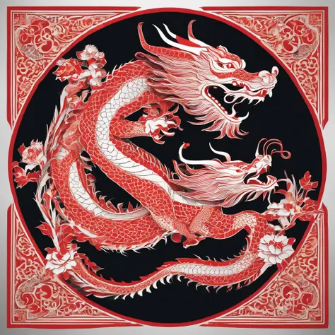 Flat paper cut style，contours，((chinesedragon))，Dragon，red colour，Clean cut，Paper，sharp-edged，Maximalism，Color blocking，((round form))