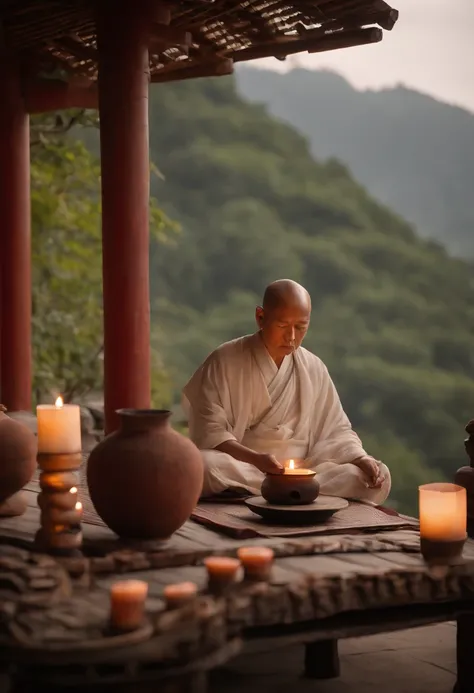 a Chinese master,meditation position,long white beards,bald head,Shaolin attire,detailed face and eyes,serene expression,wise appearance,ancient temple,incense smell,peaceful atmosphere,bamboo forest,soft daylight streaming through the windows,smoke rising...