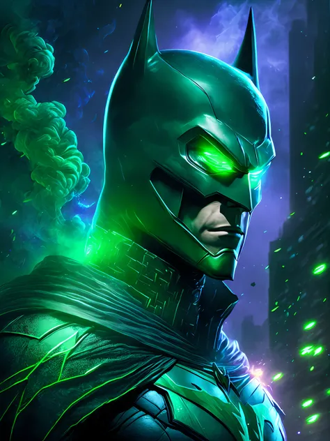 gloomy portrait of Batman Green Lantern from DC, extremely detailed, futuristic cityscape, nighttime, glowing neon lights, smoke, sparks, metal shavings, flying debris, blue energy effects, volumetric light