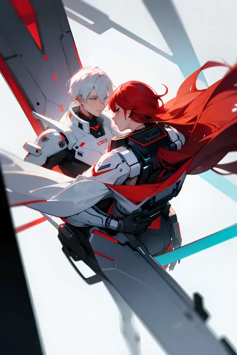 couple, white hair boy, red hair woman, futuristic