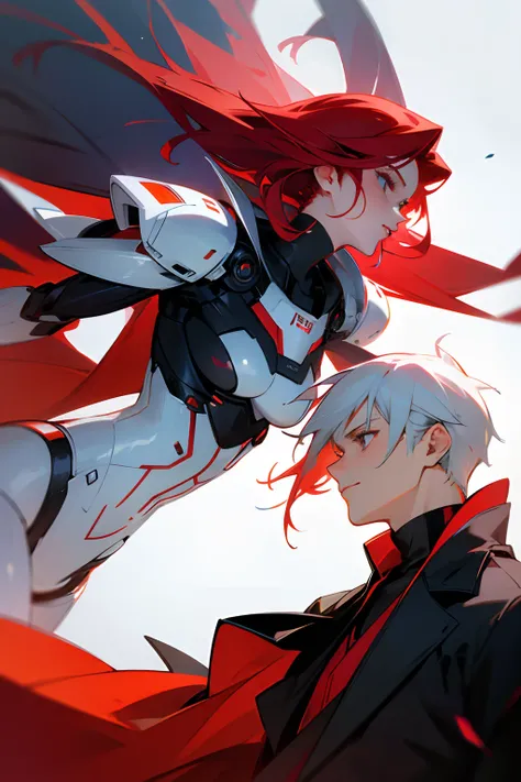 couple, white hair boy, red hair woman, futuristic