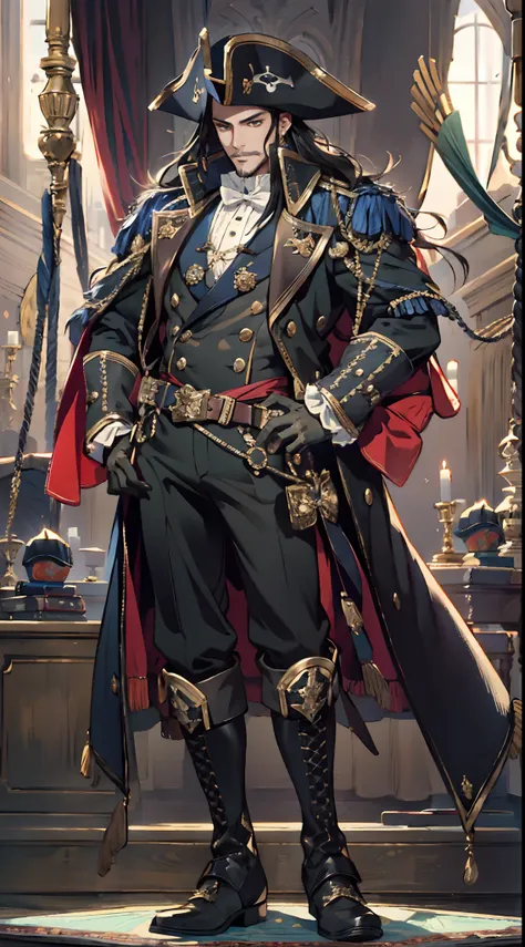 A middle-aged man with long black hair, medium length hair, wears a small round felt hat on his head, he has a cunning and sharp gaze, a beard, a tall and imposing figure, a fantasy-style pirate coat, sleeveless, exquisite stripes, a large skull pattern, h...