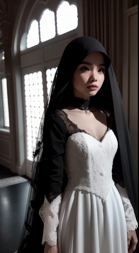 Capture a hauntingly beautiful portrait of the Malay woman in a gothic-inspired,white long hair, black lace gown with a veil, set within a mysterious and eerie mansion, where candlelight casts eerie shadows, creating an atmosphere of dark, Gothic horror.