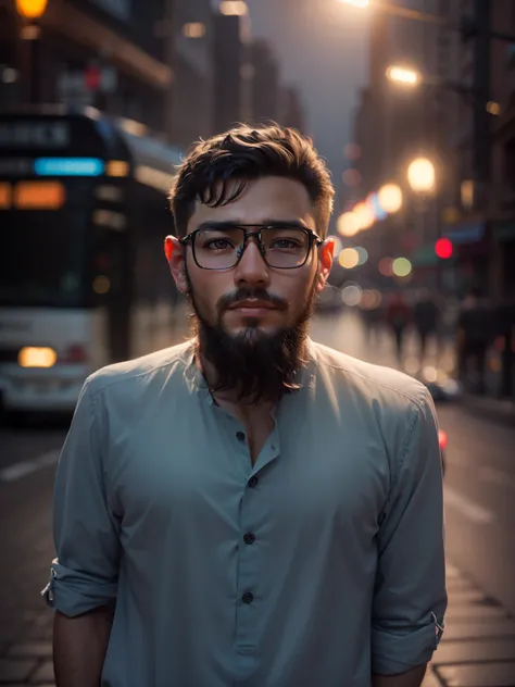 RAW photo, a portrait photo of 25 y.o man in casual clothes, night, city street, (high detailed skin:1.2), 8k uhd, dslr, soft lighting, high quality, film grain, Fujifilm XT3