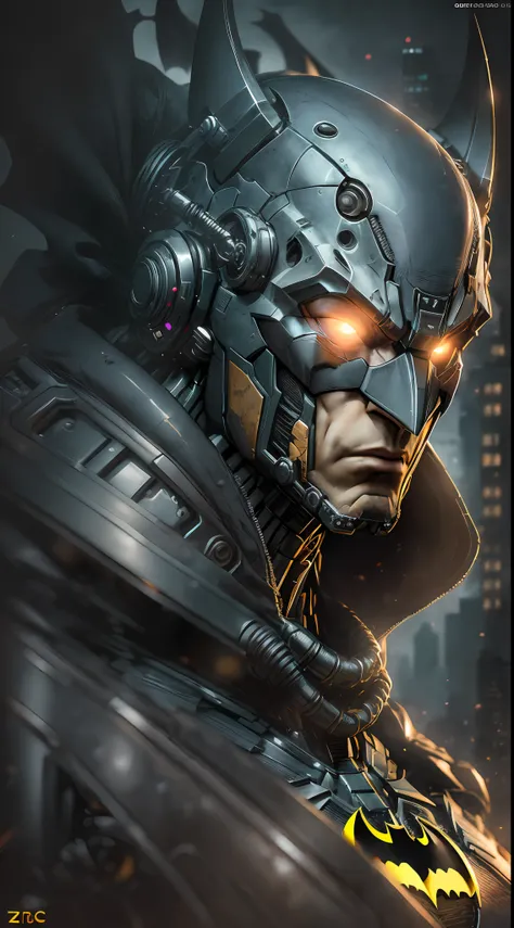 Batman from DC photography, biomechanical, complex robot, full growth, hyper-realistic, insane small details, extremely clean lines, cyberpunk aesthetic, masterpiece featured on Zbrush Central