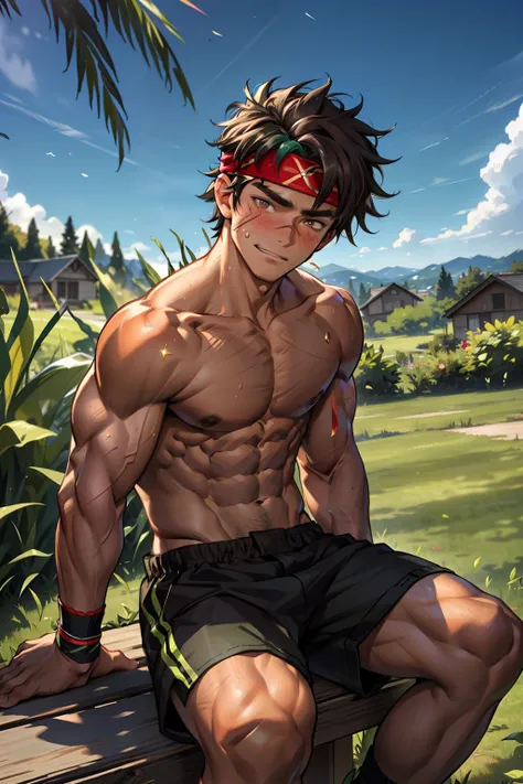 (Masterpiece, Best quality 12 year old boy，Shota), 1boys, Young,Muscular, Short hair, with brown eye, Intricate, Grass, full bodyesbian, Shirtless, Muscles sparkle in the sun,Black shorts,  green headband, Vivid colors,(Depth of field:1.2),(Abs),Blush, vie...