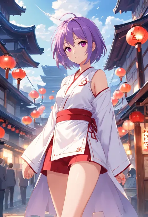 (Best quality:1.4), A high resolution, Masterpiece,, 1girll,, Light purple hair, Purple eyes, (kemomimi), Medium breasts, Bare slender thighs,, hair adornments, (Red|White Japan Shinko garment), Detached sleeves,, Blush,, lantern, Shrine,, Detailed face,