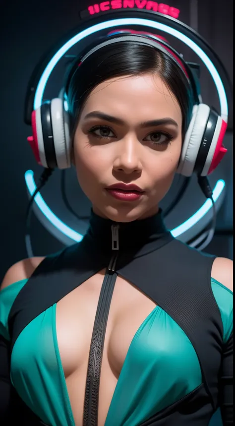 Create a futuristic sci-fi portrait featuring the Malay woman in sleek, high-tech attire, posing against a backdrop of advanced technology and neon lights, symbolizing innovation and progress