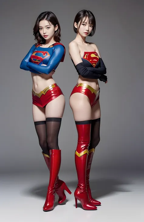 Be sure to wear black tights、(((Make the most of the original image)))、(((Supergirl Costume)))、(((shiny short hair)))、(((Suffering)))、(((Feet must necessarily be worn with black tights)))、(((Smile)))、(((You need to wear red boots)))、((Top image quality、8K)...