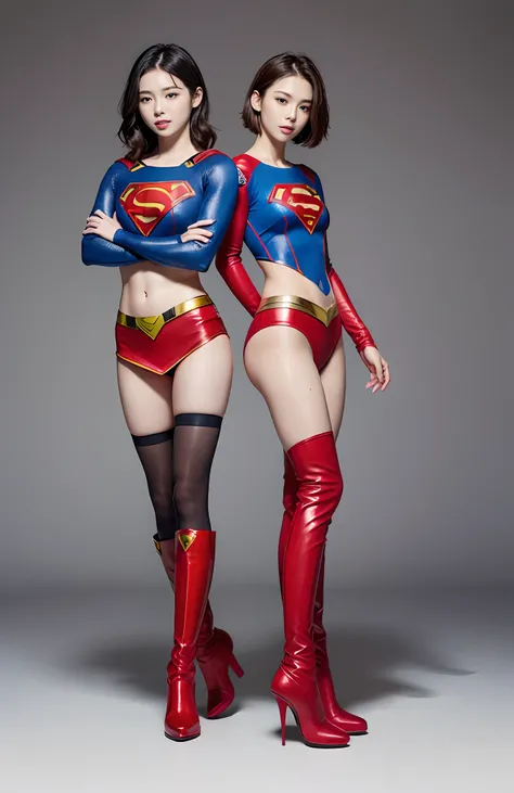 Be sure to wear black tights、(((Make the most of the original image)))、(((Supergirl Costume)))、(((shiny short hair)))、(((Suffering)))、(((Feet must necessarily be worn with black tights)))、(((Smile)))、(((You need to wear red boots)))、((Top image quality、8K)...