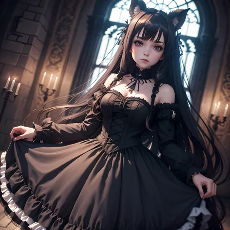 Gothic Lolita, long hair, Dress with skirt, 8k, Dark atmosphere, Gothic castle study, with brake ears, masle ve vlasech